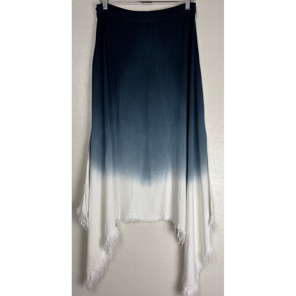 Lavi Blue White Ombre Sharkbite Handkerchief Hem Fringe Midi Skirt Size S 2317